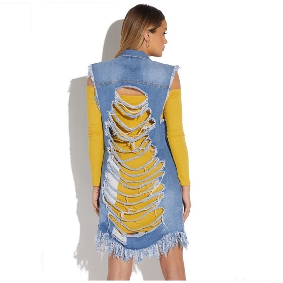 DISTRESSED LONG DENIM VEST SIZE SMALL, NWT - Picture 2 of 3